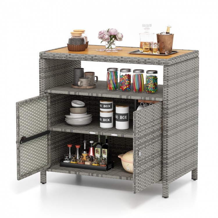 Rattan storage cabinet with acacia wood countertop, featuring two doors and shelves for outdoor patio and poolside use.